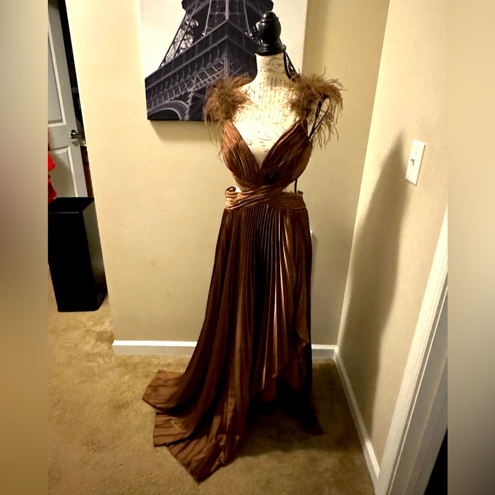 Mac Duggal satin feather strap dress